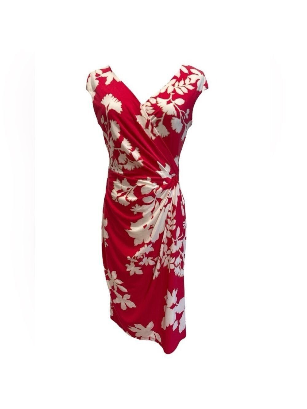 90s AMERICAN LIVING RED & WHITE FLORAL BODYCON W A RUCHED WAIST MIDI DRESS SZ 8